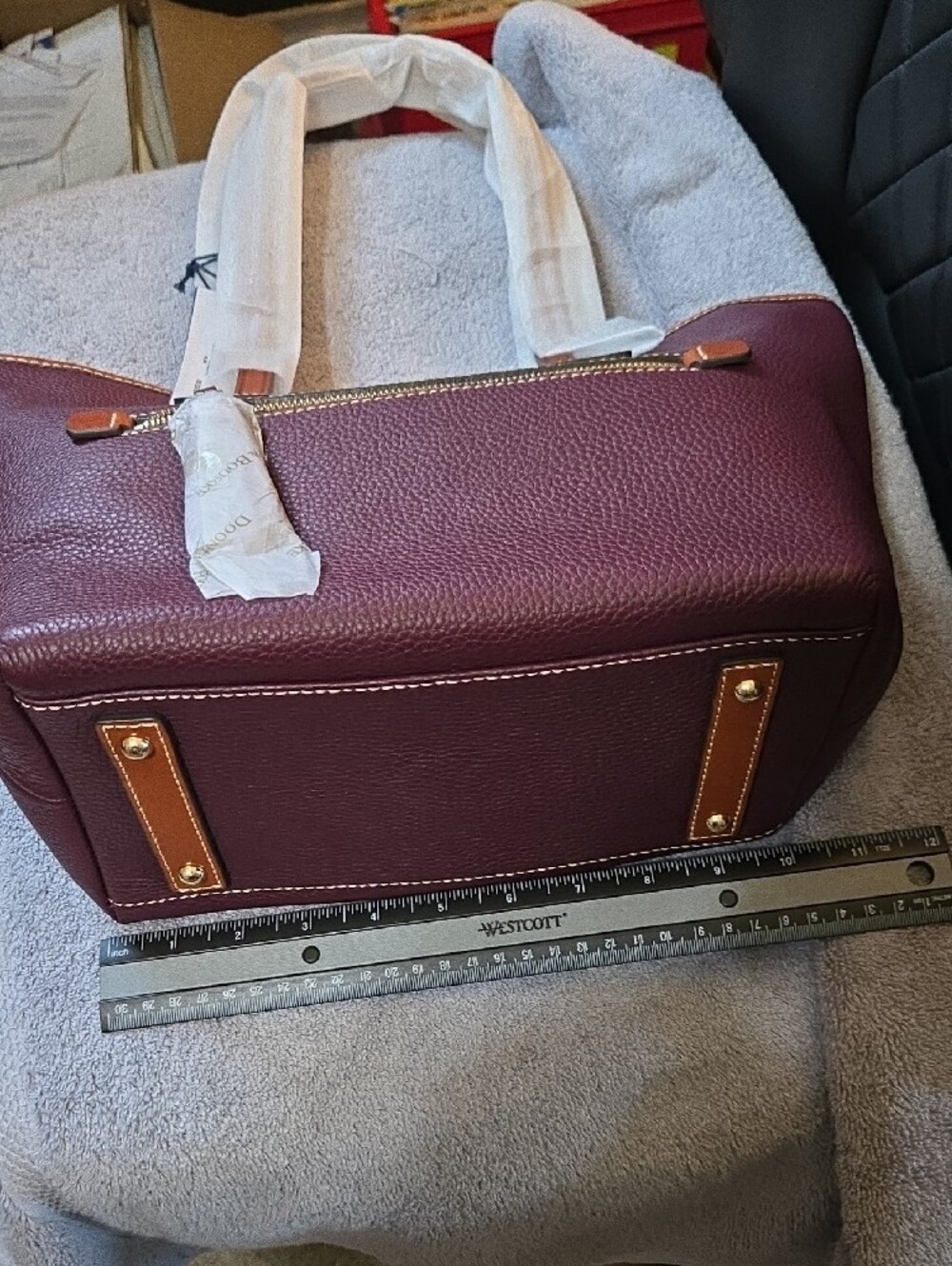 Dooney & Bourke Plum Pebble Leather Satchel with Tan Trim and Gold Hardware - Picture 3 of 9